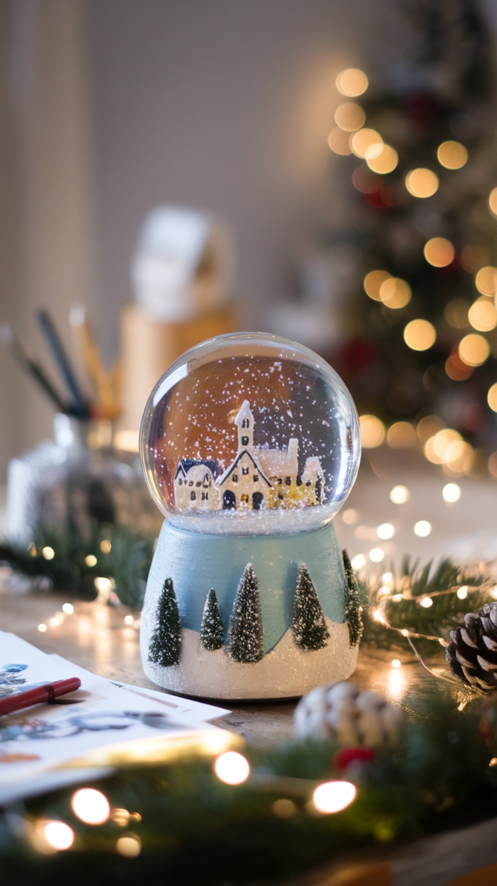 A beautifully crafted snow globe featuring a winter scene with a cozy house and snowy trees, surrounded by holiday lights.
