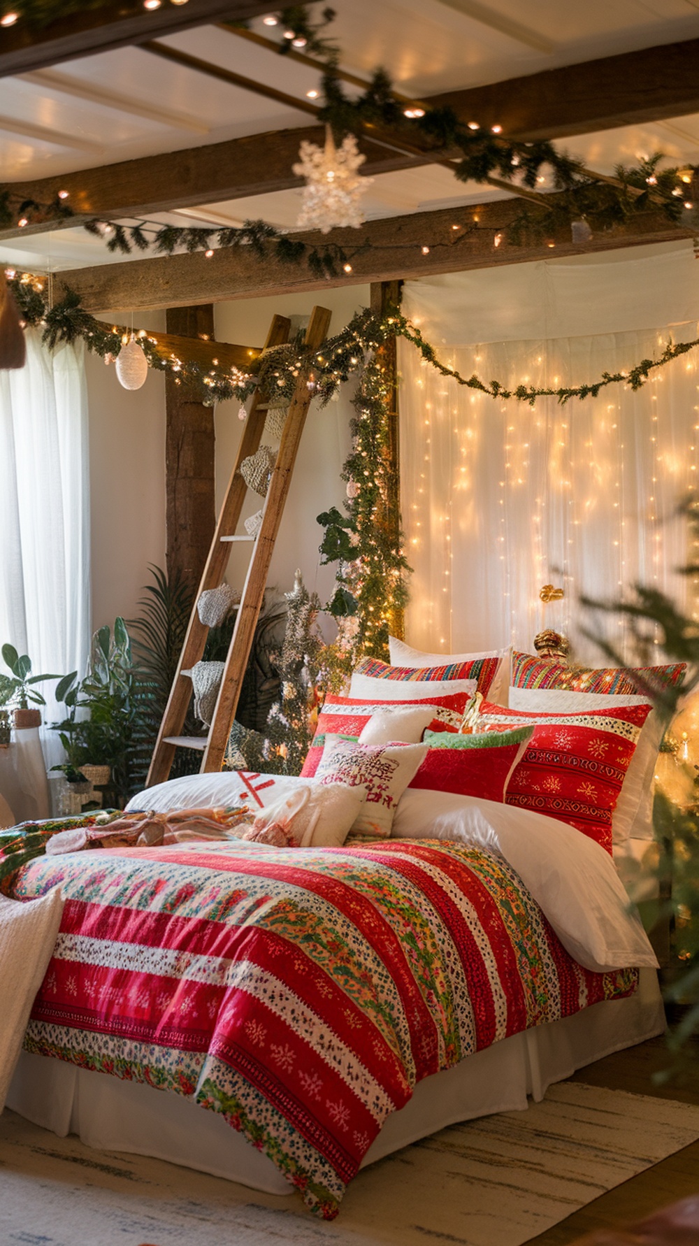 A cozy bedroom with bright red and green Christmas bedding, decorated with pillows and fairy lights.