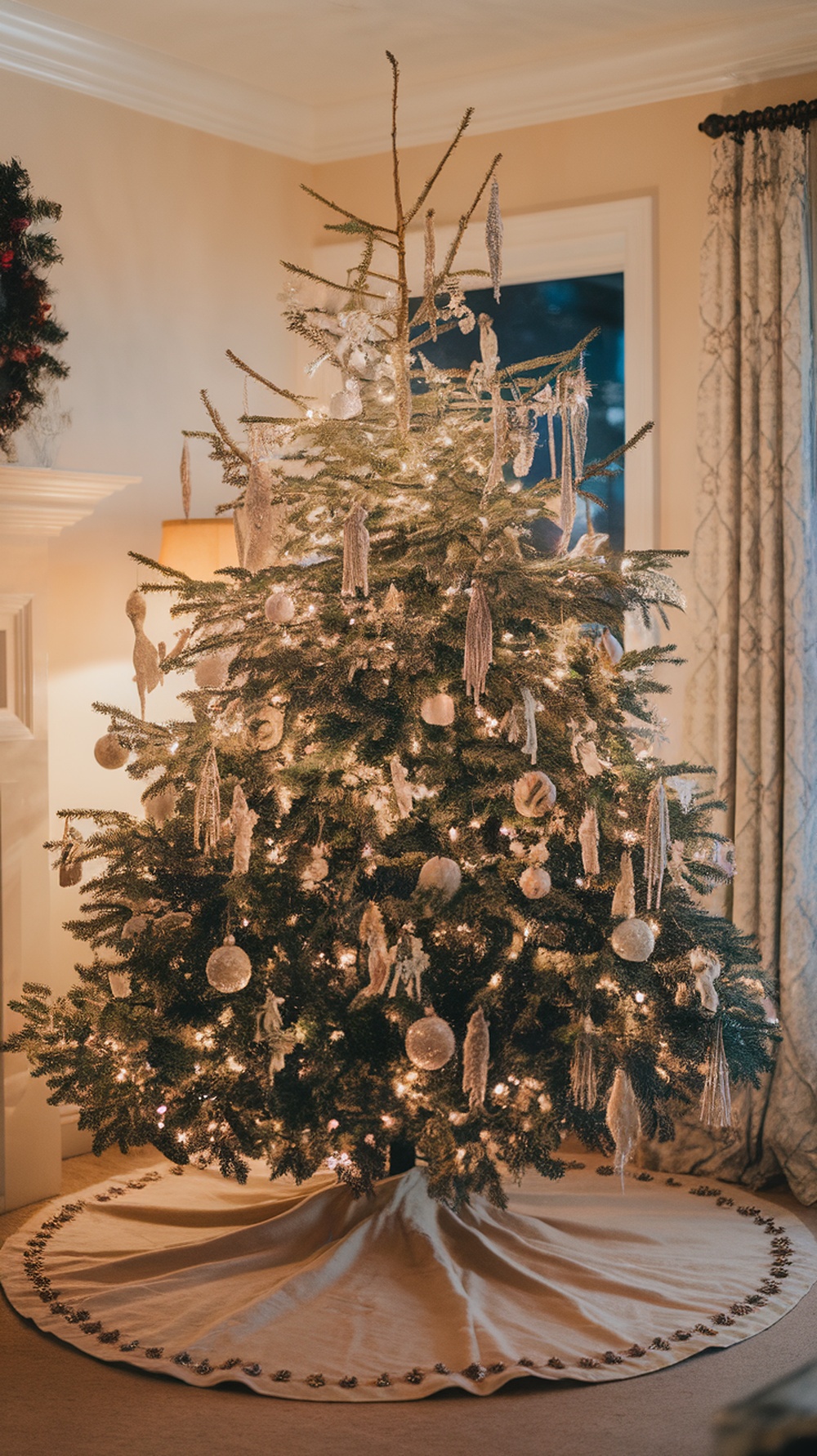 A chic DIY Christmas tree skirt under a beautifully decorated Christmas tree.