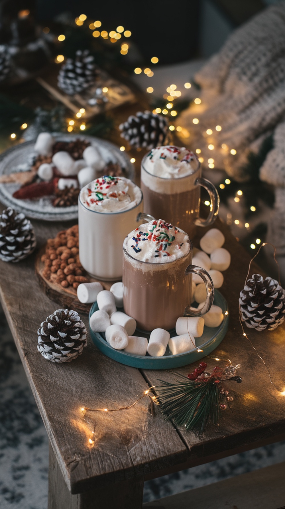 A cozy cocoa station with mugs of hot chocolate, marshmallows, and festive decorations on a wooden table.
