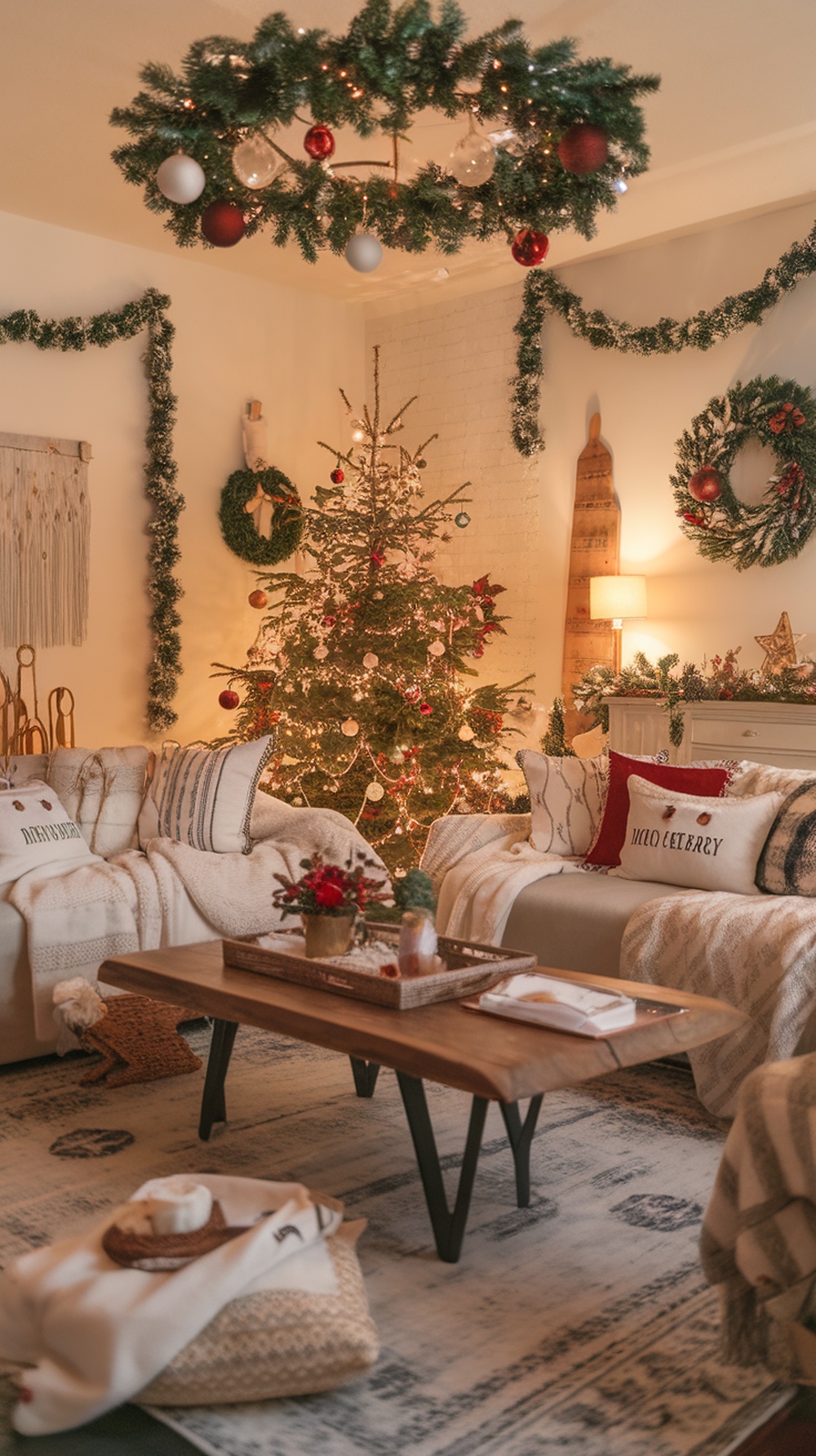 A cozy living room decorated for Christmas with a tree, soft textiles, and festive accents.