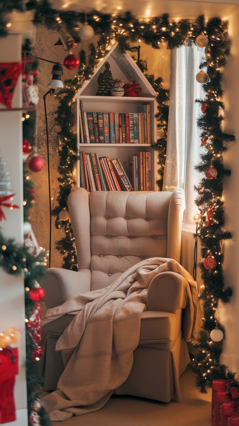 A cozy reading nook decorated for Christmas with a beige armchair, a blanket, a bookshelf, and festive lights.