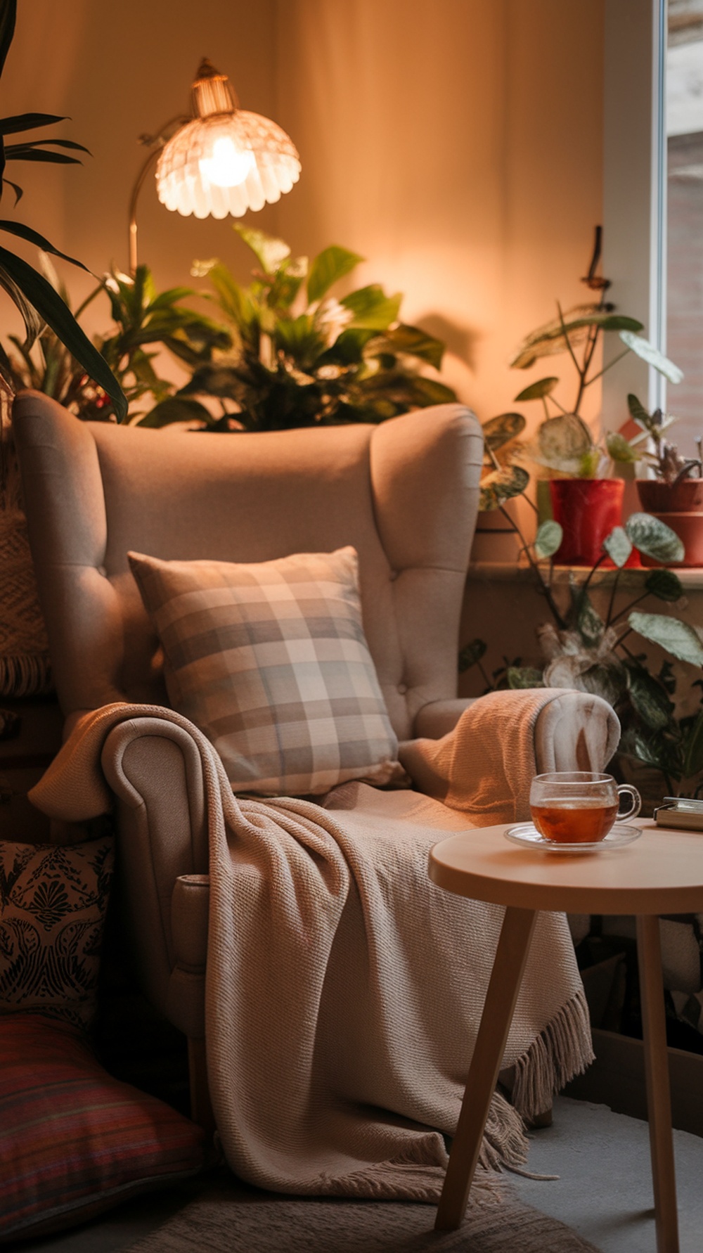 Cozy living room nook with an armchair, blanket, and plants