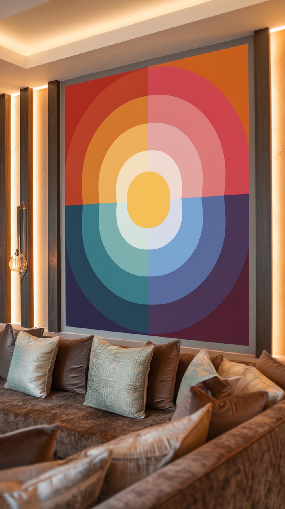 A vibrant wall art piece with circular patterns in warm and cool colors, enhancing the living room decor.