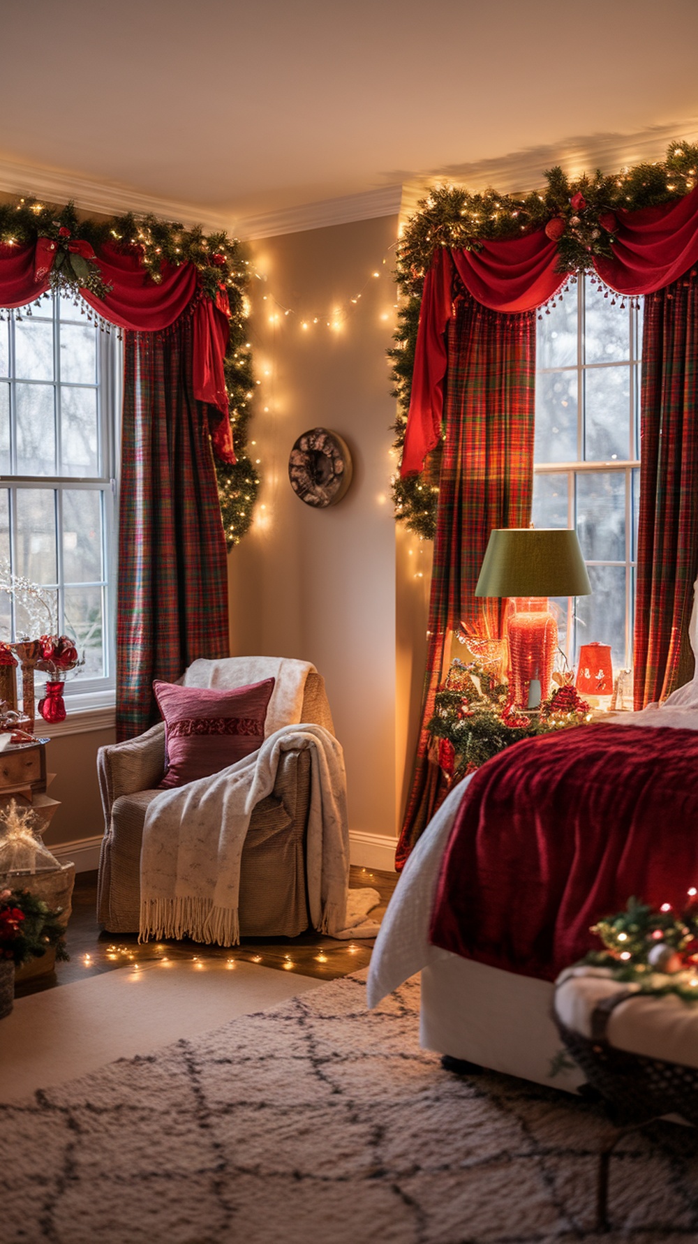 A cozy bedroom decorated for Christmas with plaid curtains, garlands, and soft lighting.