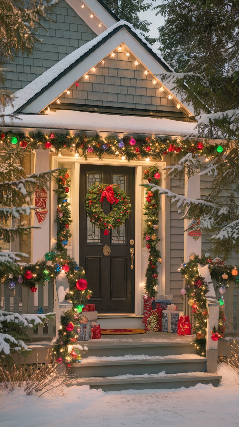 A beautifully decorated home exterior for Christmas with lights, garlands, and presents.