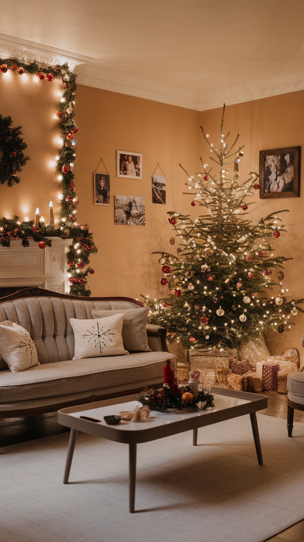 A cozy living room decorated for Christmas with a vintage sofa, modern coffee table, and a beautifully adorned Christmas tree.