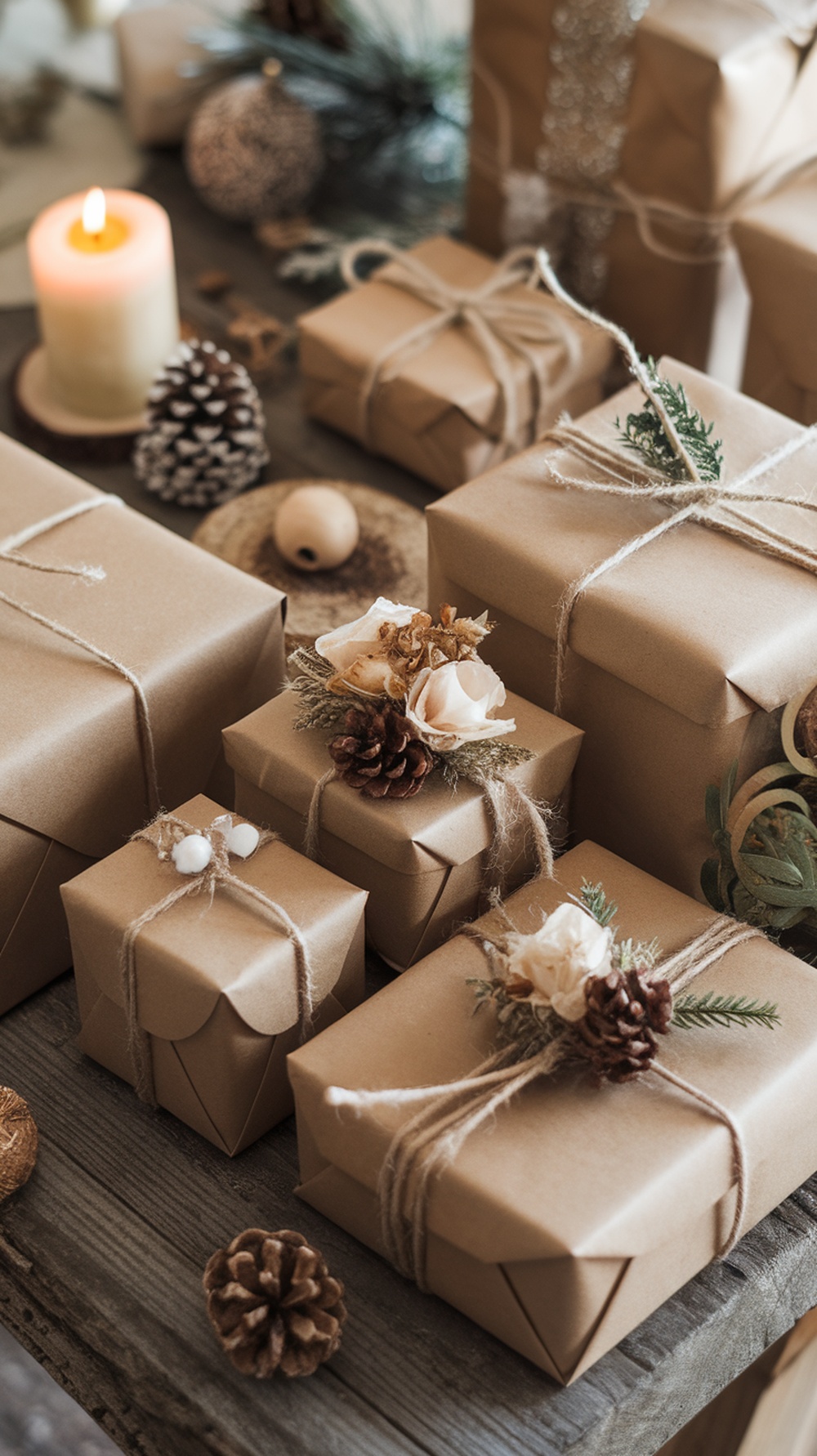 Beautifully wrapped gifts with natural elements like pinecones and dried flowers on a wooden table.