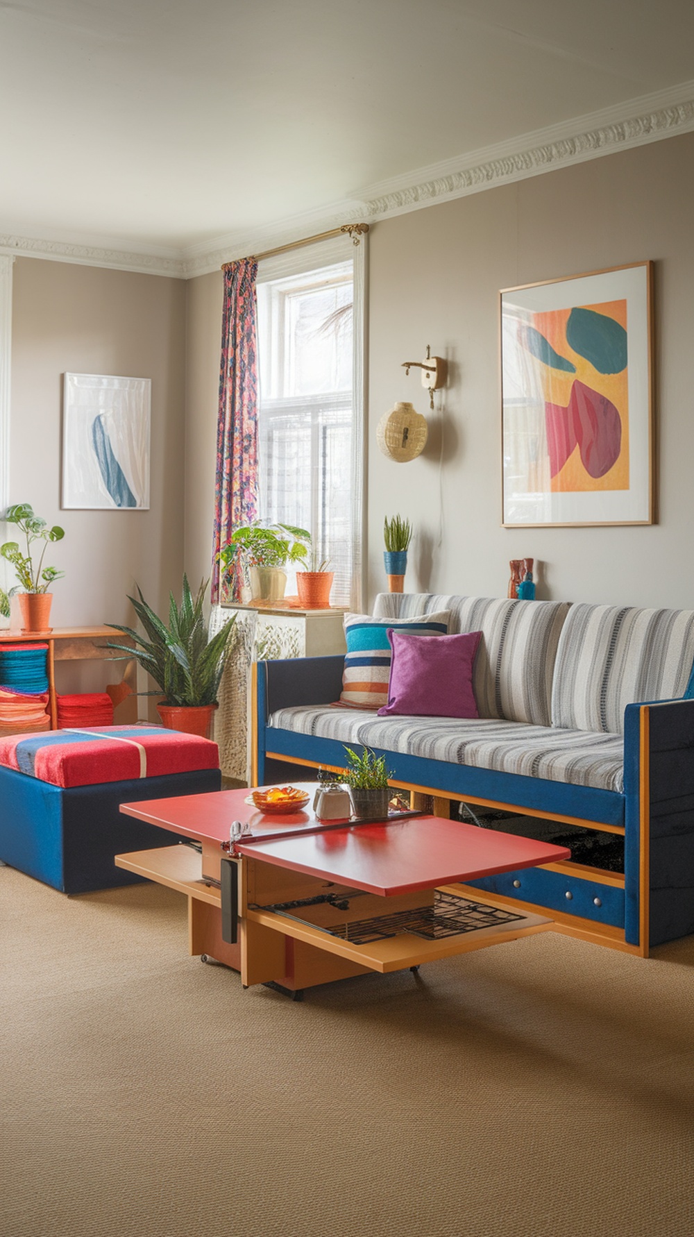 A colorful small living room with multi-functional furniture including a sofa that doubles as a bed and a coffee table with storage.