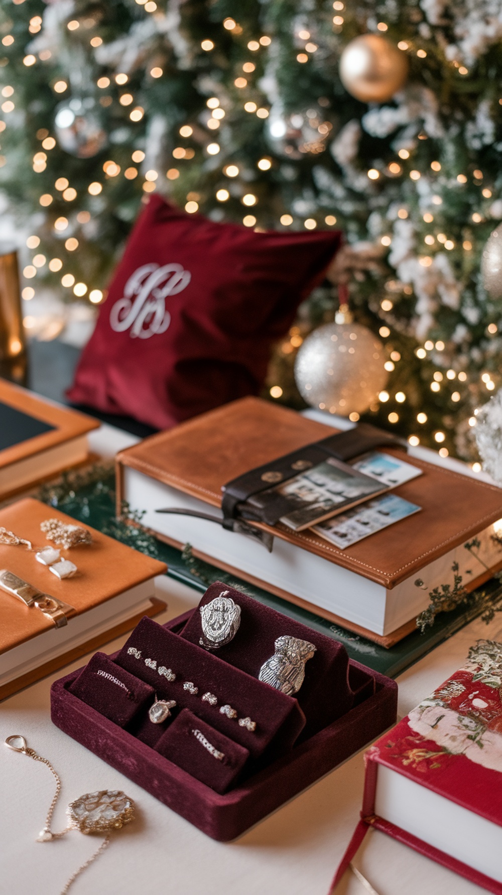 A collection of personalized gifts including jewelry and leather-bound books arranged under a Christmas tree.