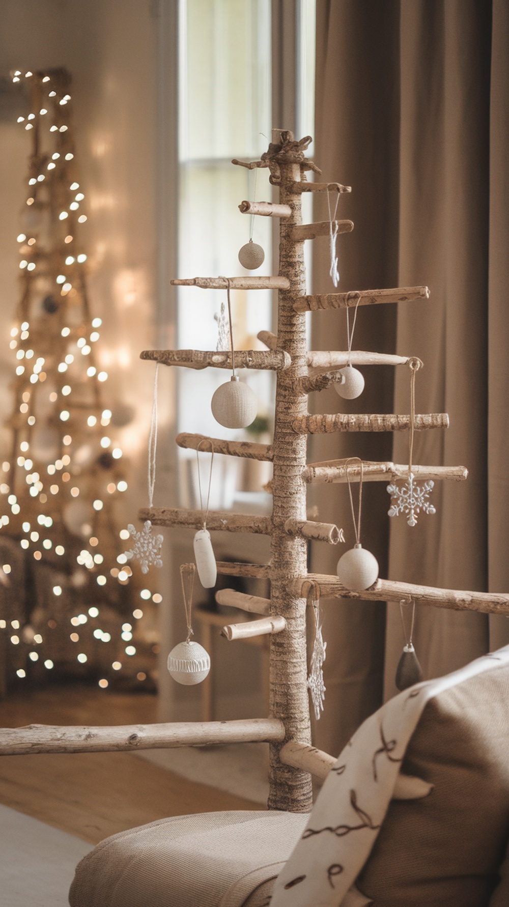 A rustic Christmas tree made from natural branches, decorated with simple ornaments, creating a cozy holiday vibe.