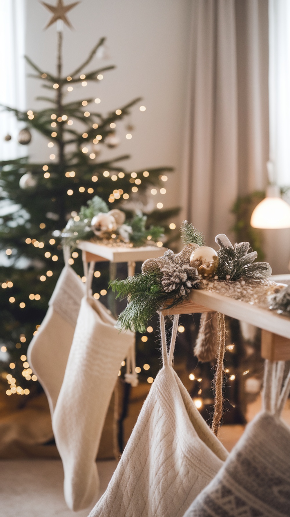 Decorative stocking holders with white stockings hanging, adorned with greenery and ornaments, set against a cozy Christmas backdrop.