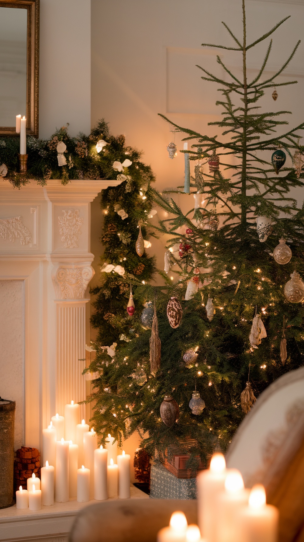 A cozy Christmas scene featuring a decorated tree, candles, and a fireplace.