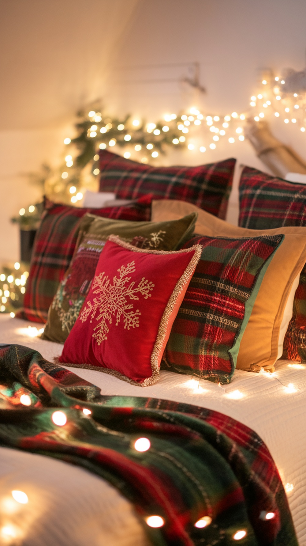 A cozy bedroom decorated with festive pillows and throws for Christmas.