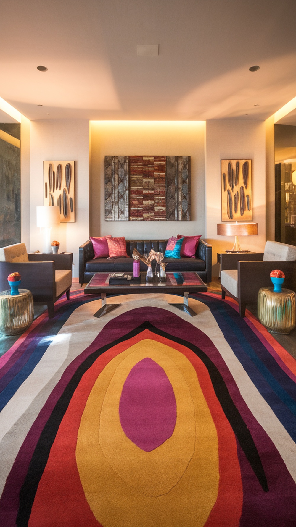 A chic living room featuring a bold, colorful rug with a striking pattern, stylish furniture, and decorative accents.