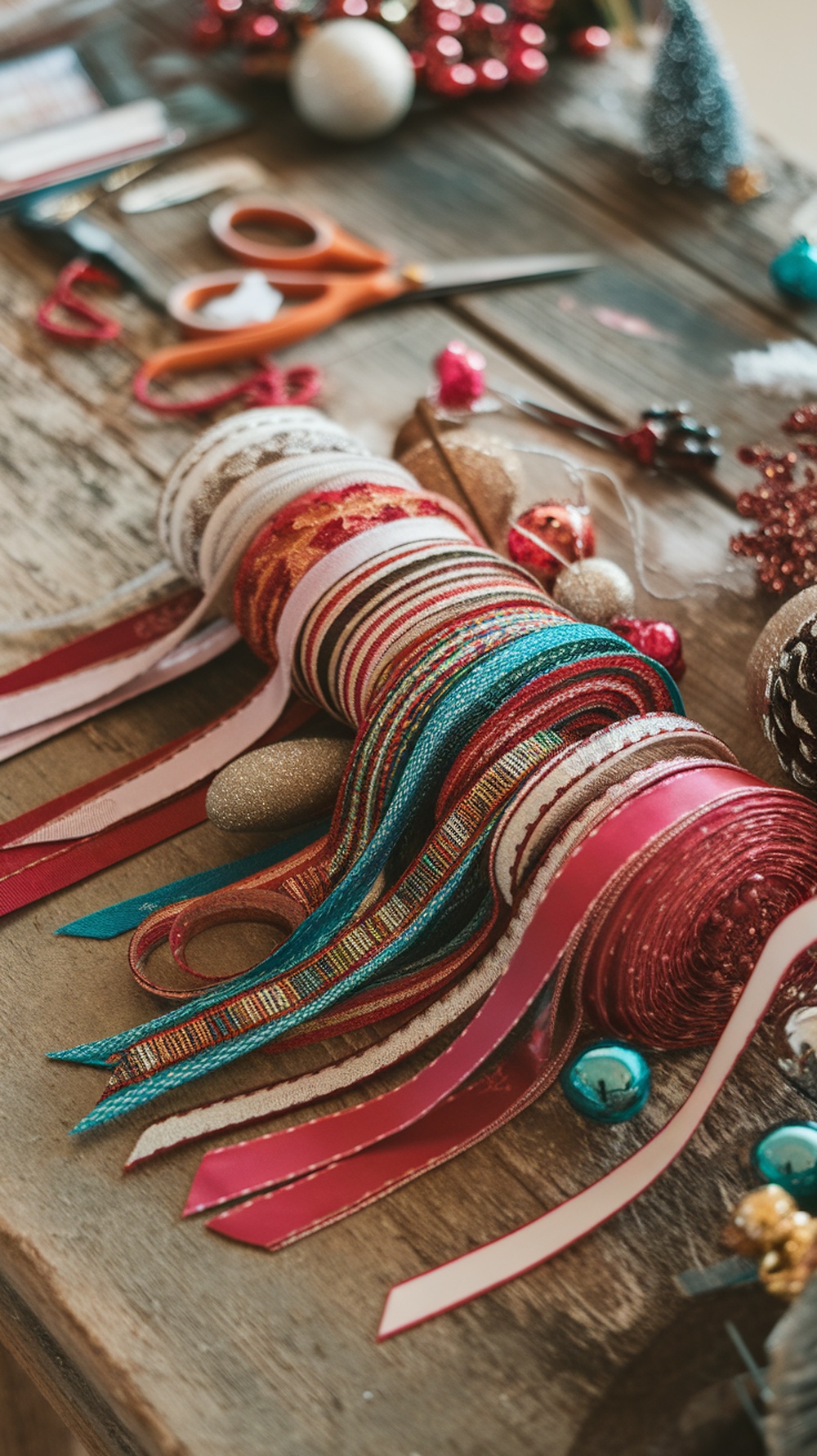 An assortment of colorful Christmas ribbons on a wooden table, surrounded by crafting supplies.