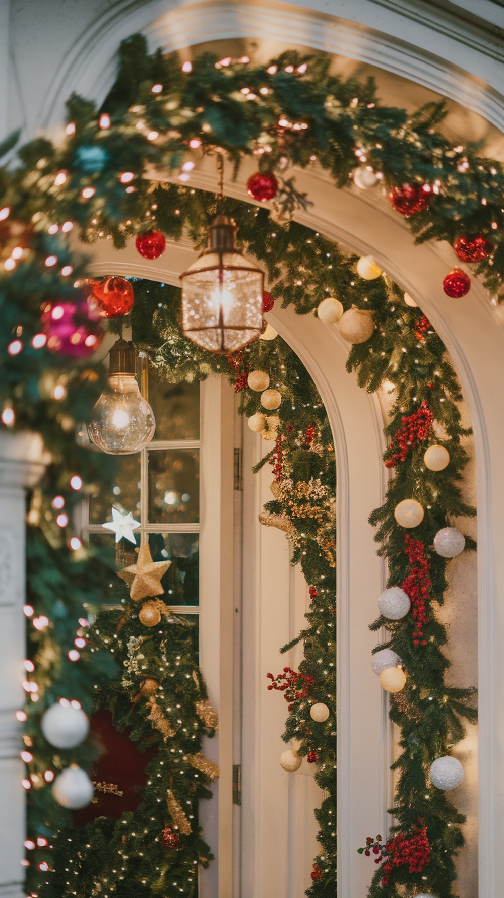 A beautifully decorated entrance with garlands, ornaments, and lights for Christmas.