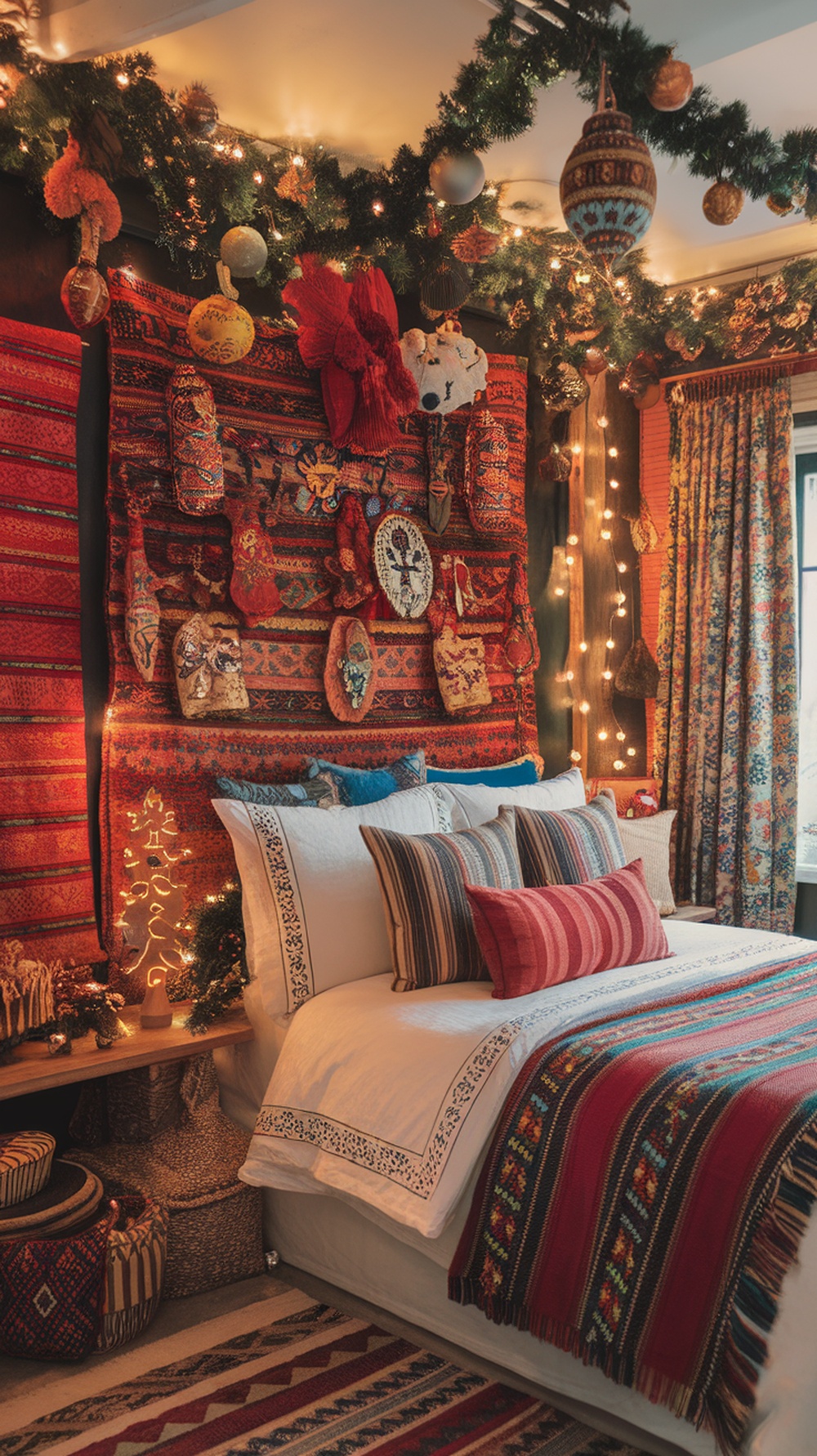 A cozy bedroom decorated with cultural textiles and holiday ornaments, featuring vibrant colors and intricate patterns.