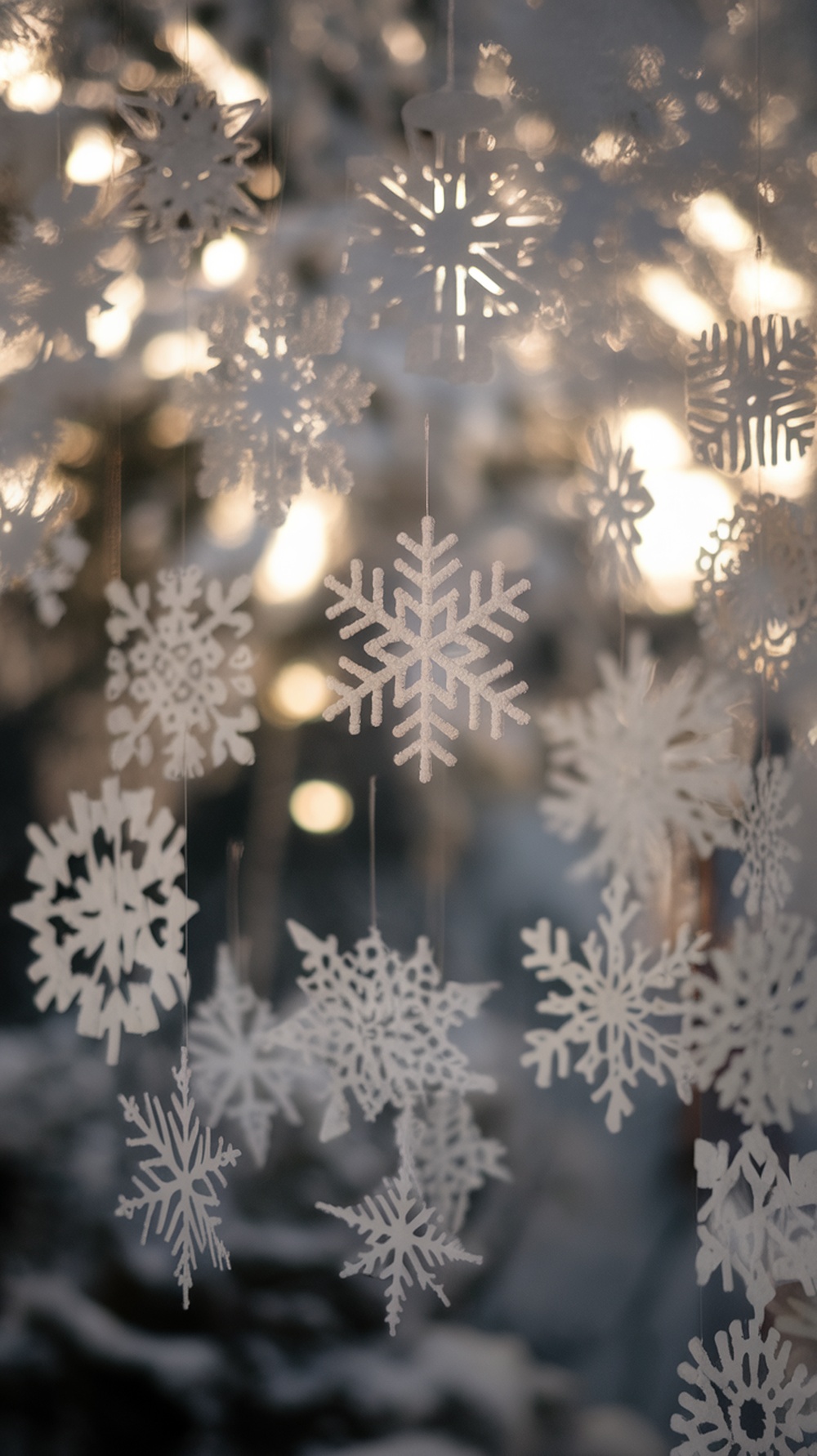 Hanging delicate snowflake decorations creating a wintery atmosphere