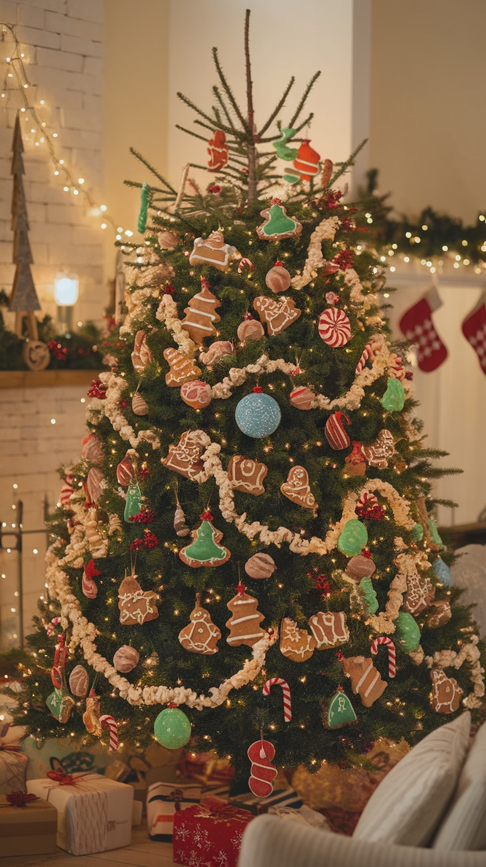 A beautifully decorated Christmas tree with edible ornaments like gingerbread cookies and candy canes.