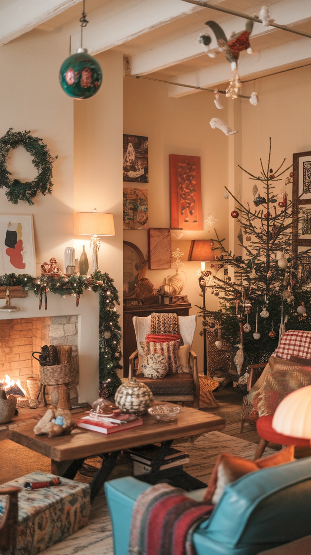 A cozy living room decorated for Christmas with eclectic decor elements, including a Christmas tree, warm lighting, and various textures.