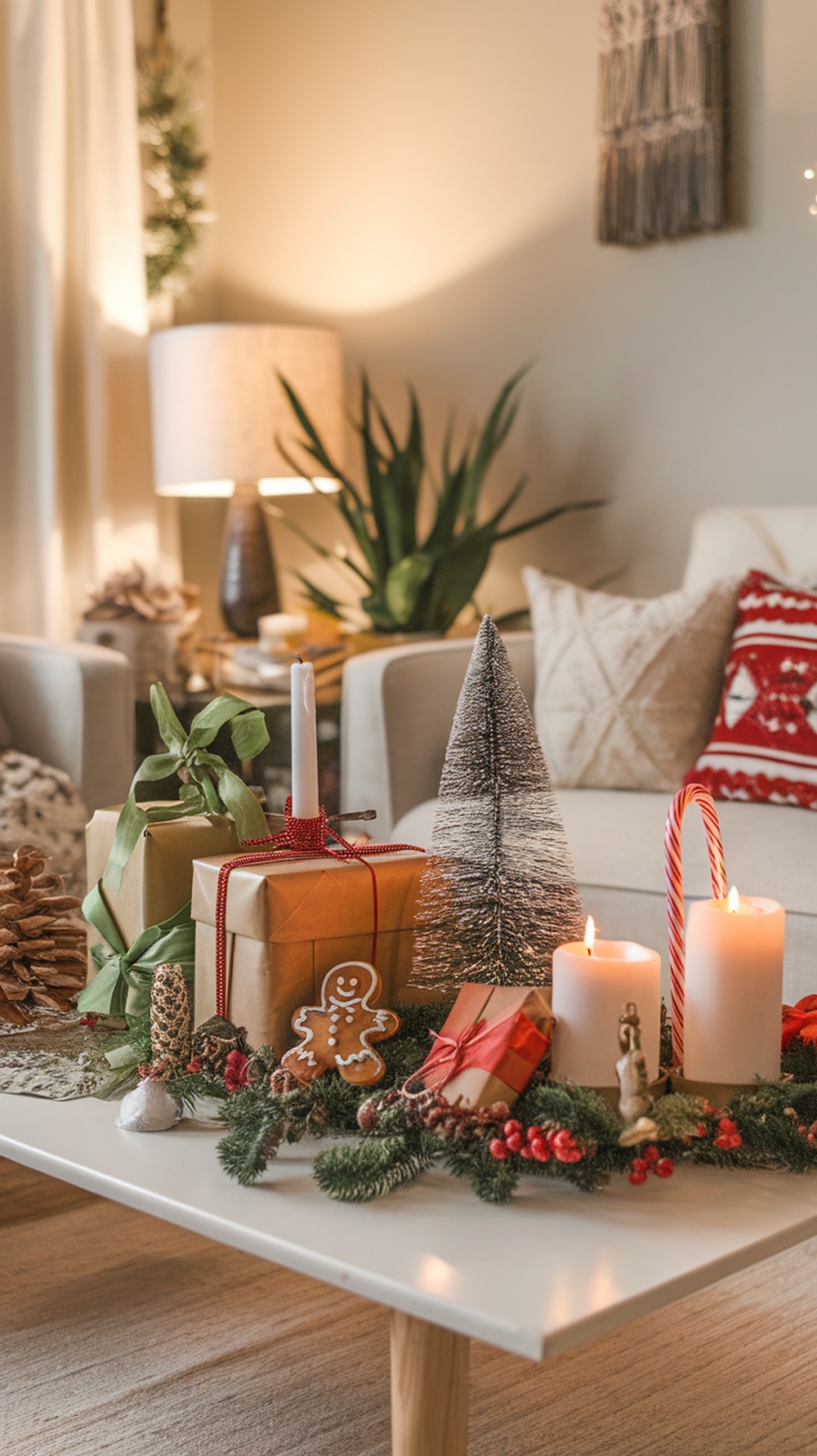 A beautifully decorated Christmas coffee table with gifts, candles, and festive decor.