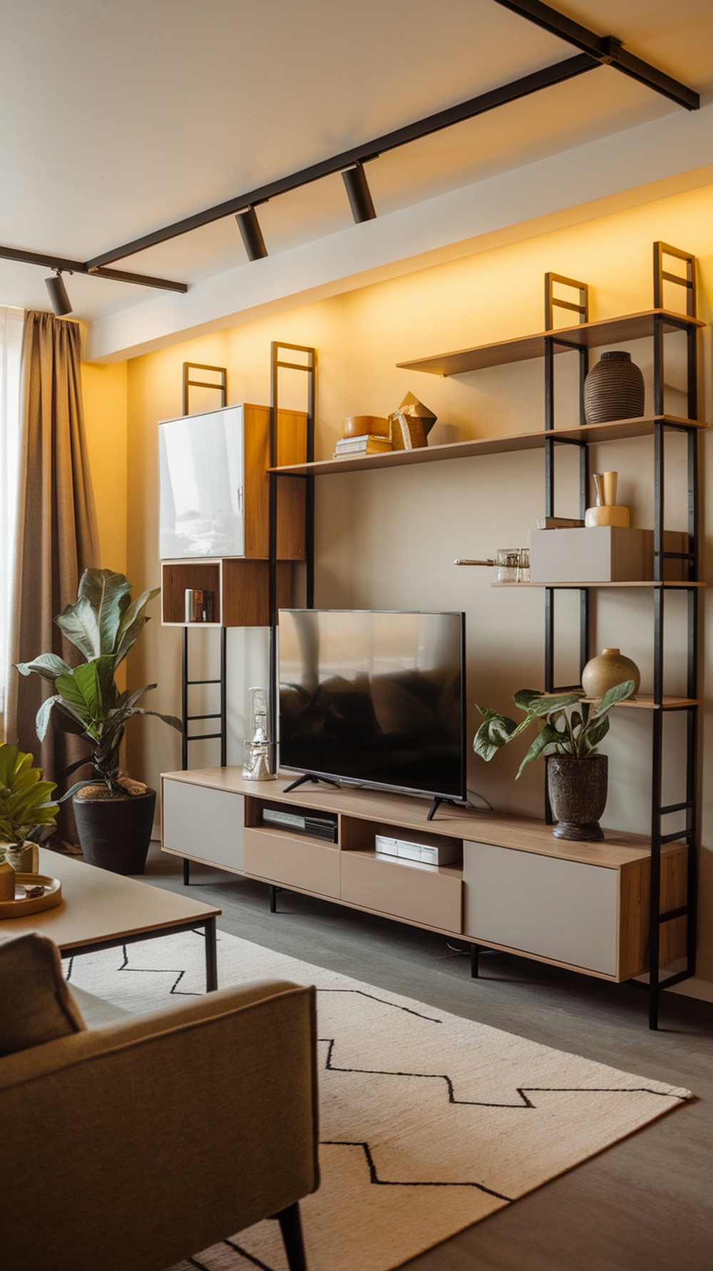 A modern living room featuring a multi-functional wall unit with open shelves and closed cabinets, a television, and decorative plants.