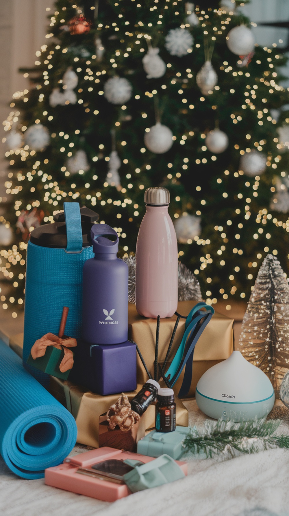 An assortment of fitness and wellness gifts including a yoga mat, water bottles, essential oils, and gift boxes, set against a festive Christmas tree backdrop.
