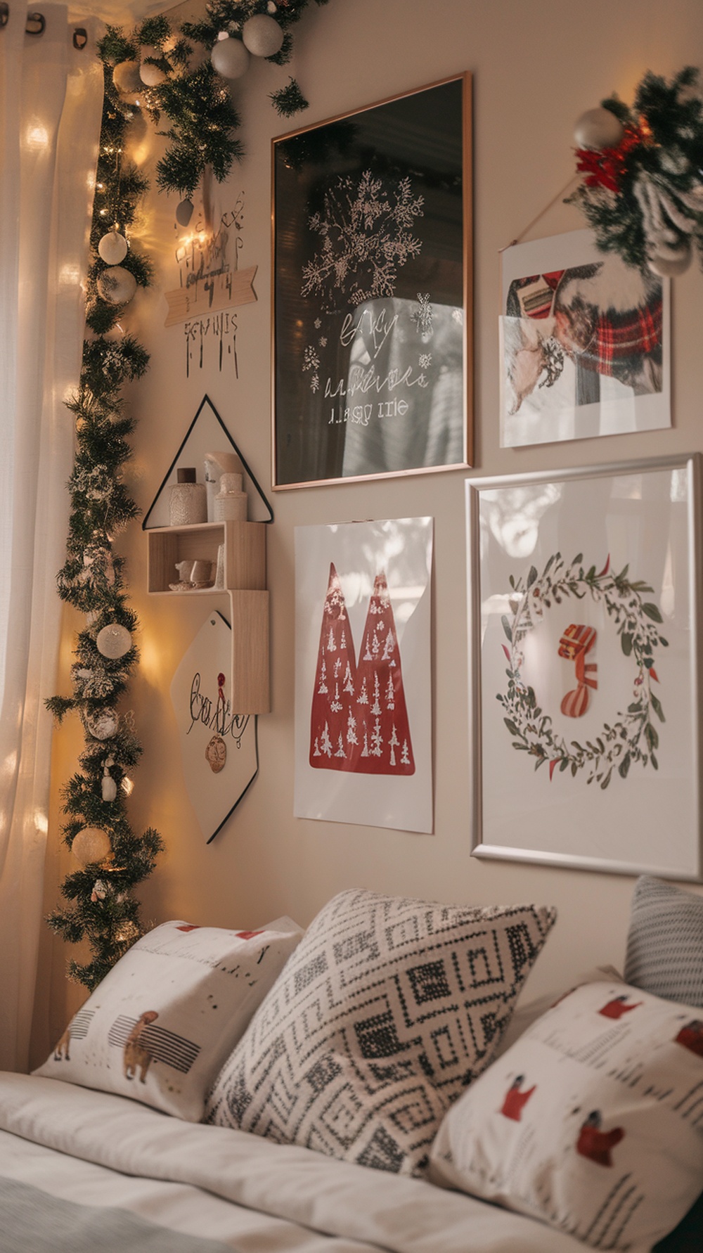 A cozy Christmas bedroom with festive wall art, including holiday-themed prints and decorative elements.