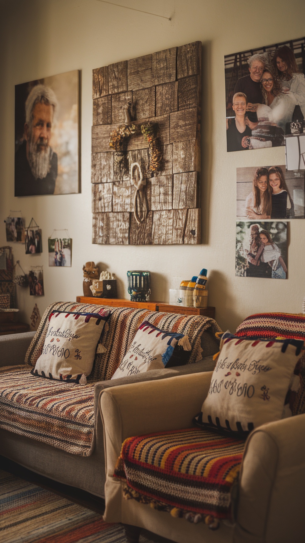 A cozy living room featuring family photos, unique decor items, and textured pillows.