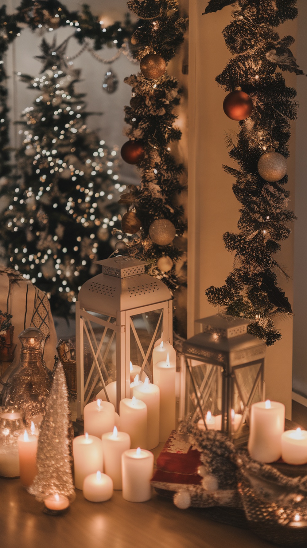 A cozy holiday scene featuring candles and lanterns, creating a warm and inviting atmosphere.