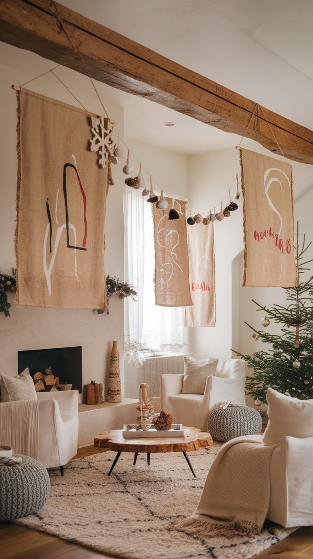 Cozy living room with burlap holiday banners hanging from a wooden beam, decorated for Christmas.