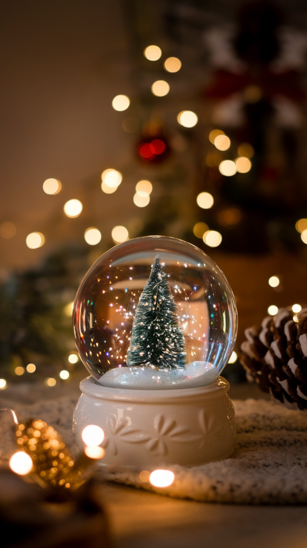 A snow globe featuring a small evergreen tree with sparkling snowflakes inside, surrounded by soft twinkling lights.
