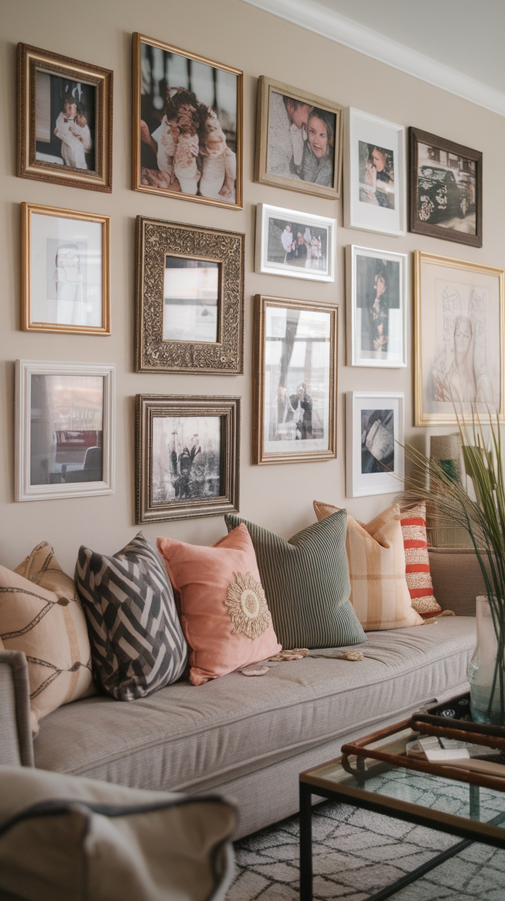 A cozy living room with a gallery wall of family photos and colorful pillows on a couch.