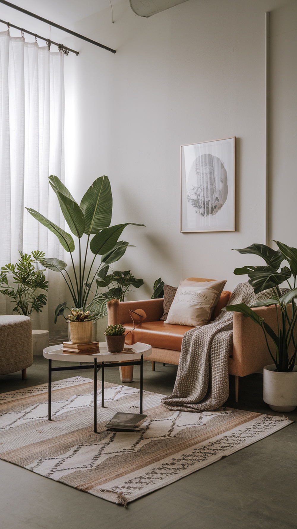 A stylish small living room with a cozy sofa, plants, and a coffee table, showcasing a balanced open space.