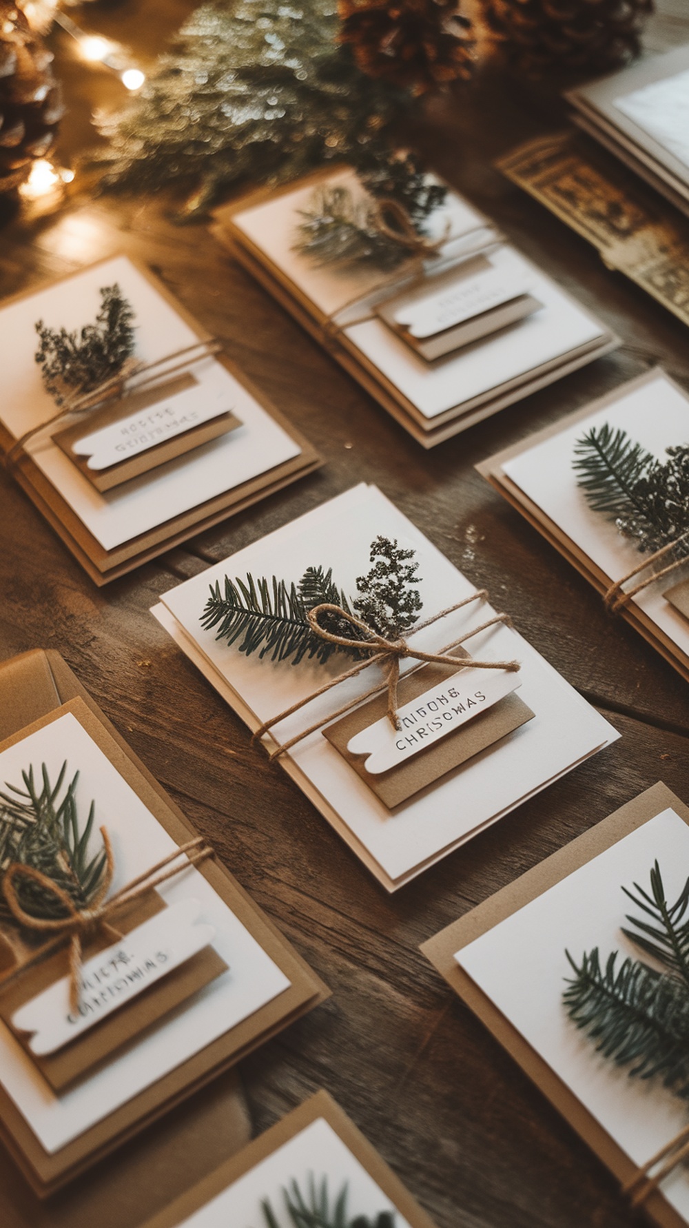 Handmade Christmas cards with pine sprigs and twine on a wooden table