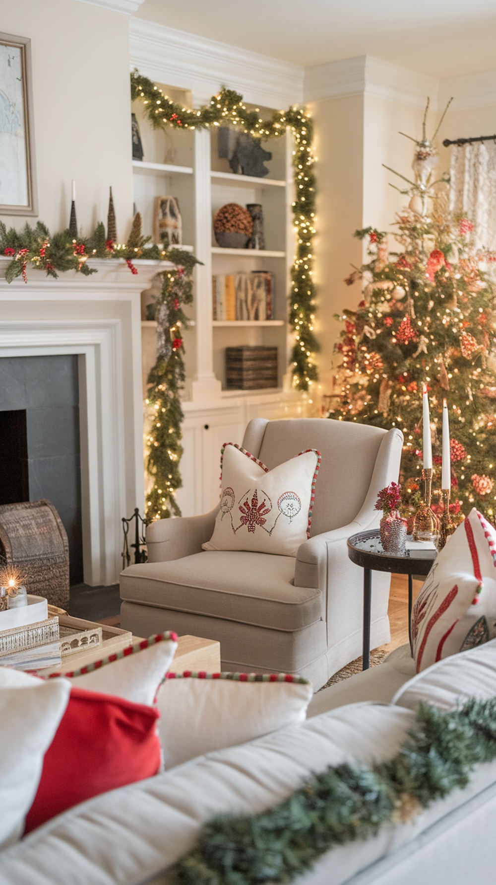 A cozy living room decorated for Christmas with holiday pillows, a Christmas tree, and festive garlands.