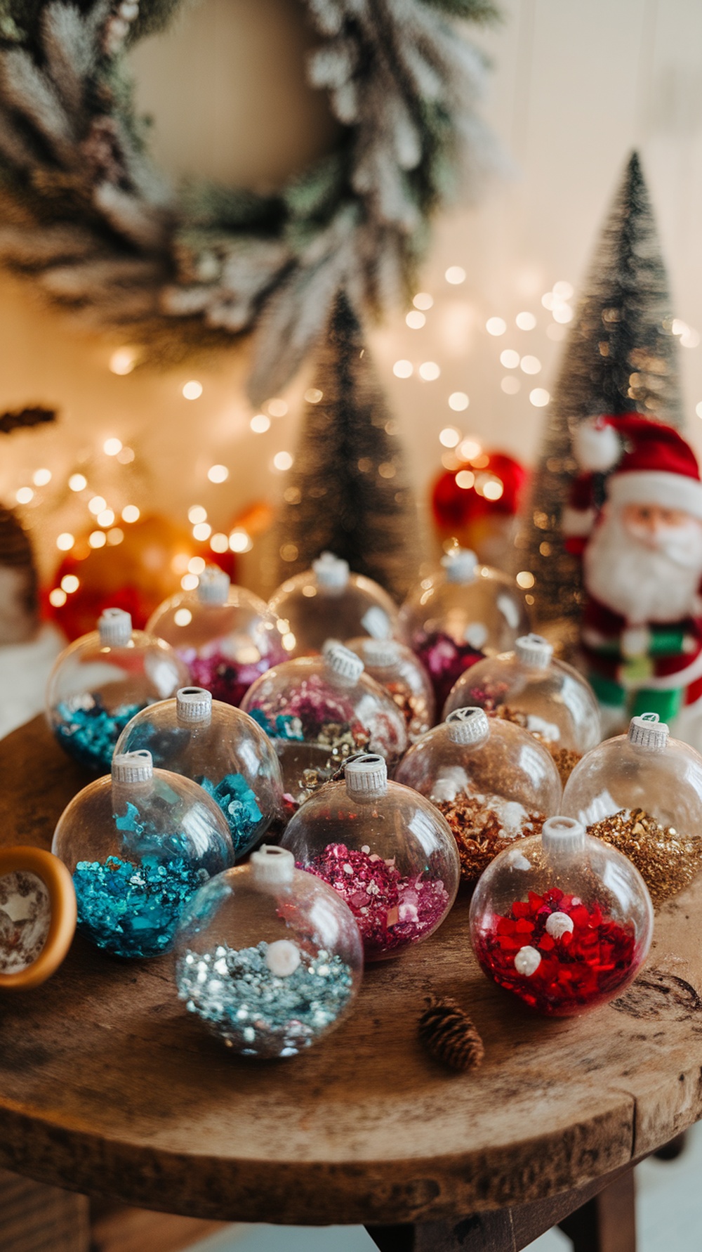 A collection of clear plastic ornaments filled with colorful decorations, displayed on a wooden table with festive background elements.