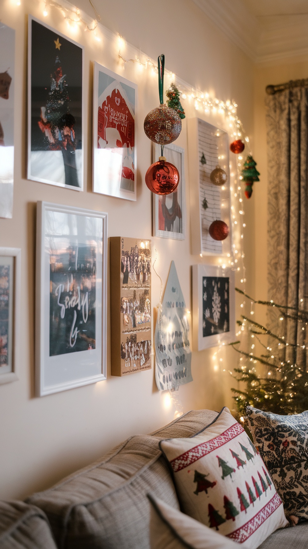 A cozy holiday gallery wall featuring seasonal art, twinkling lights, and festive decorations.