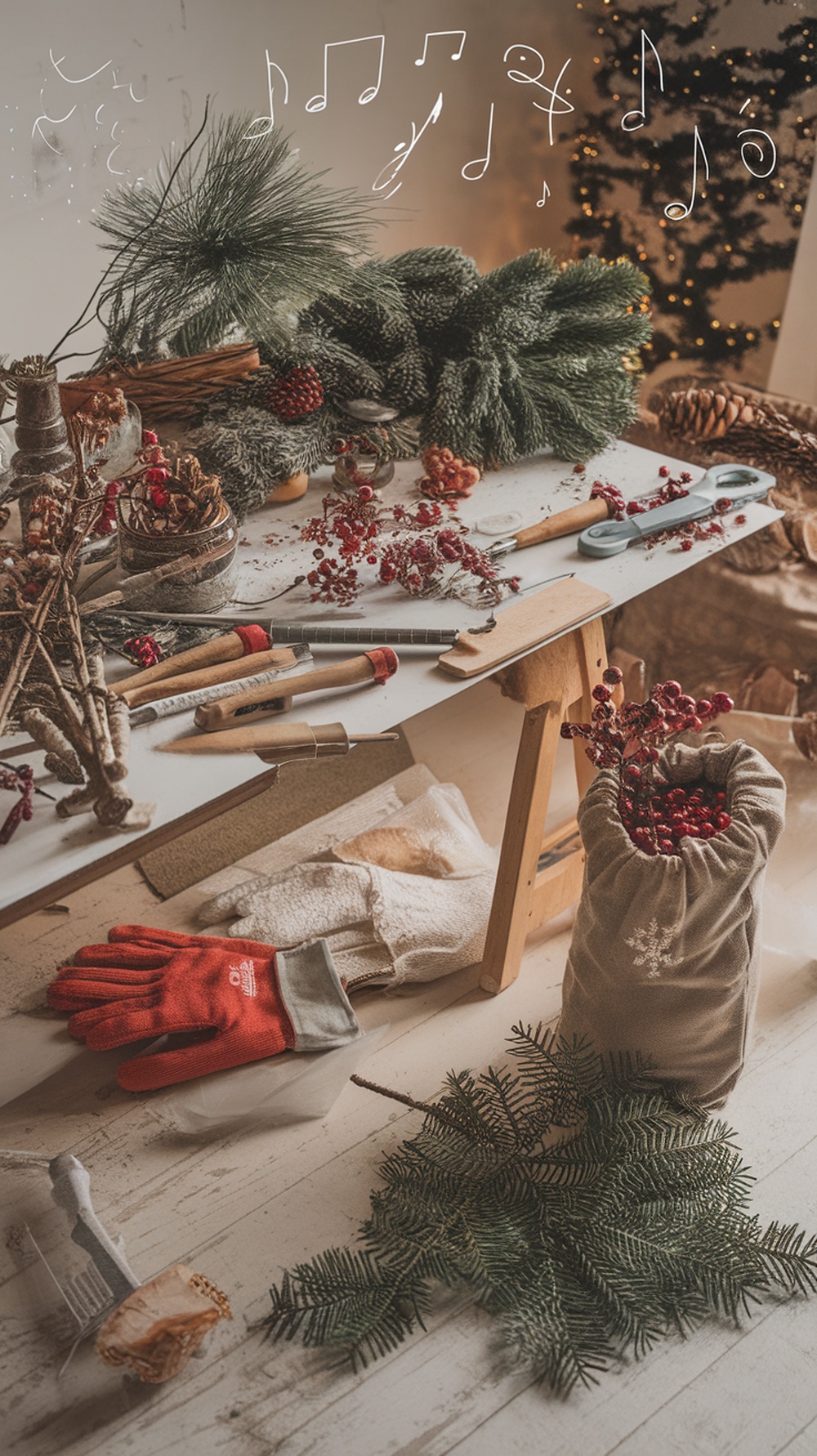 A cozy workspace filled with natural materials for DIY Christmas decor, including pine branches, berries, and crafting tools.