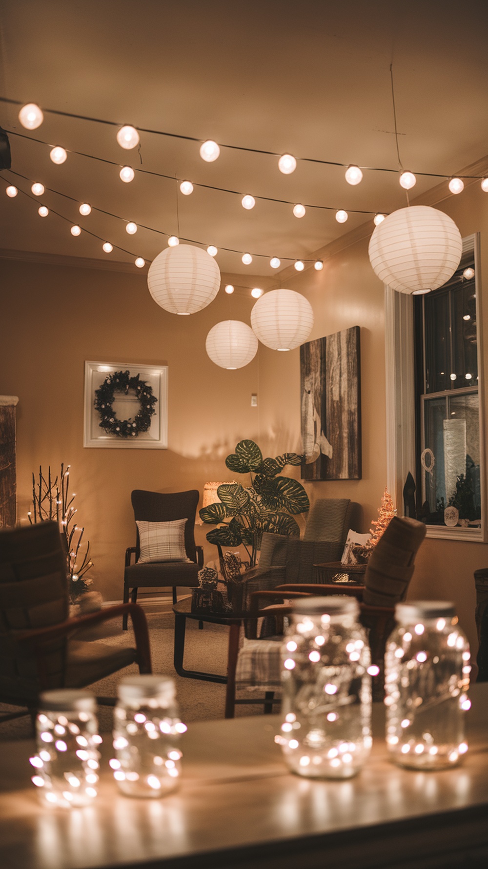 Cozy room with string lights and paper lanterns creating a festive atmosphere