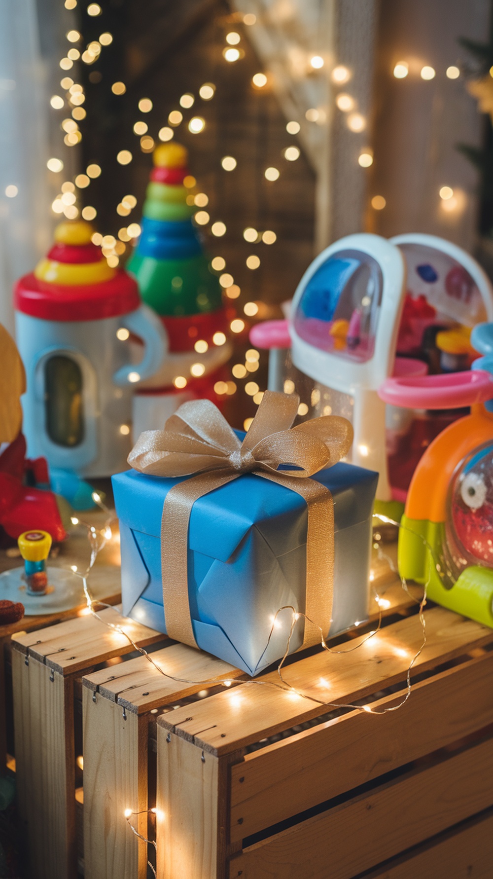 A beautifully wrapped blue gift box with a gold ribbon surrounded by colorful toys and fairy lights.