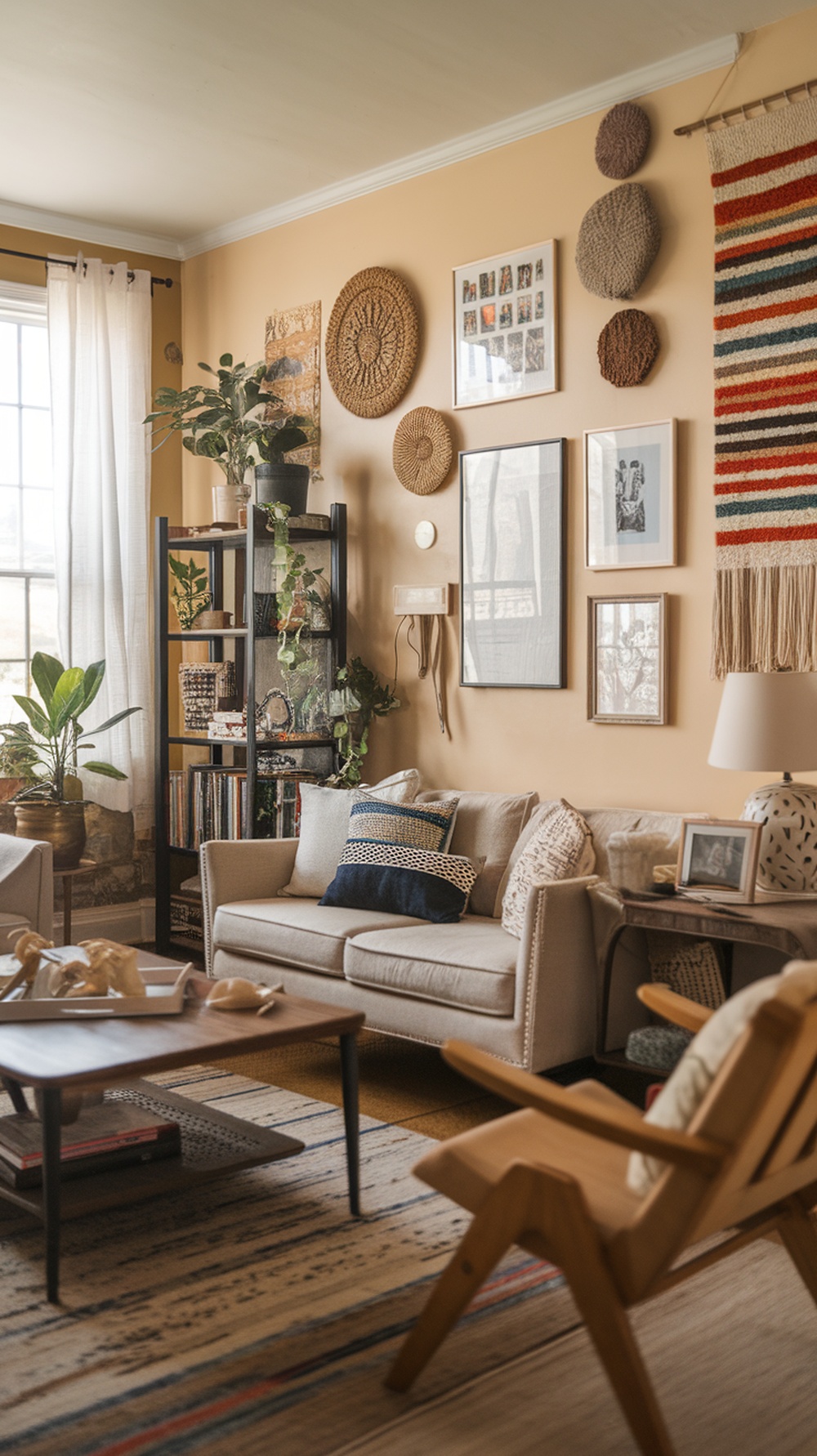 Cozy living room with DIY wall decor including woven pieces and framed art