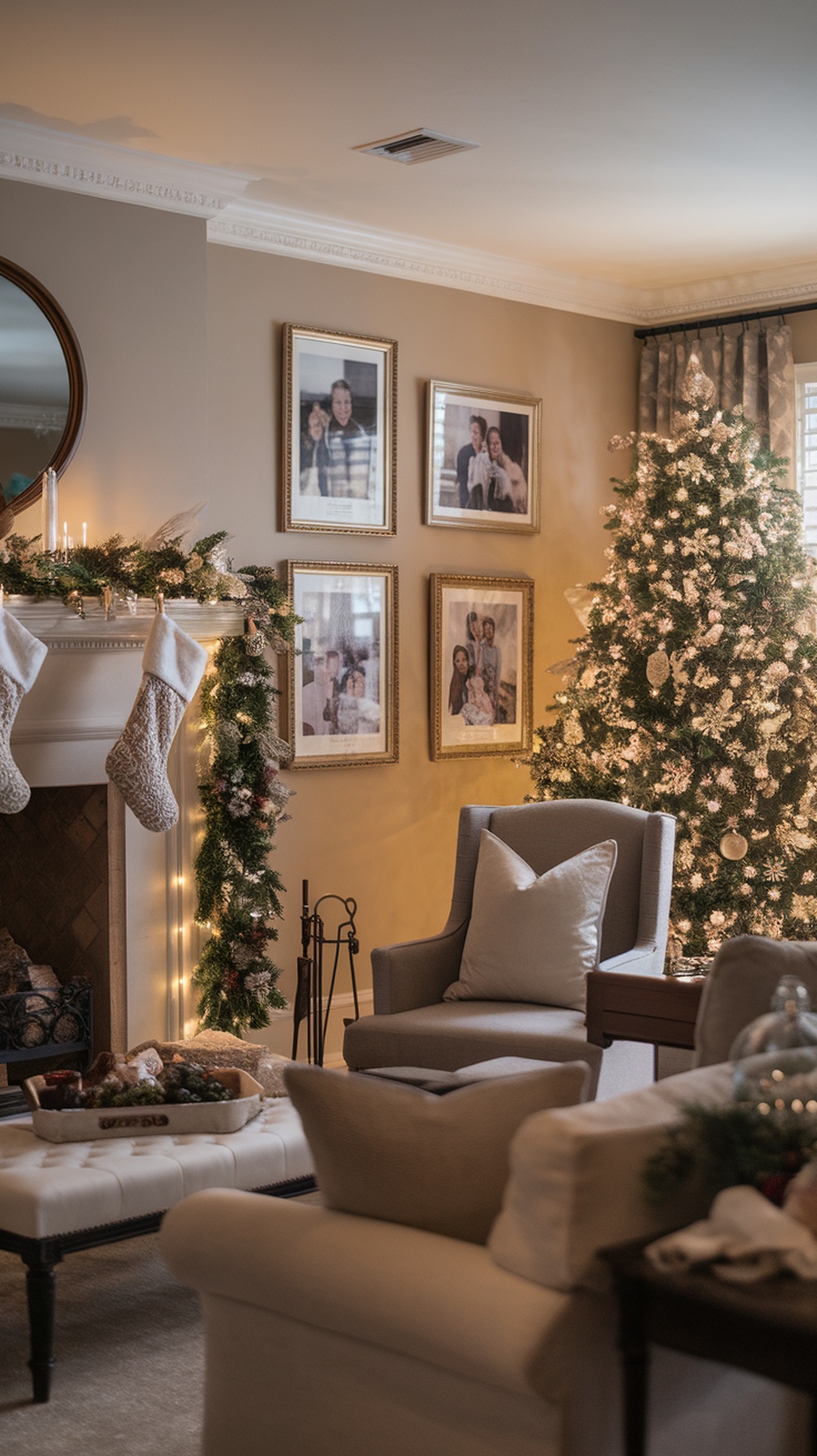 Cozy living room decorated for Christmas with family photos, a Christmas tree, and stockings on the mantel.