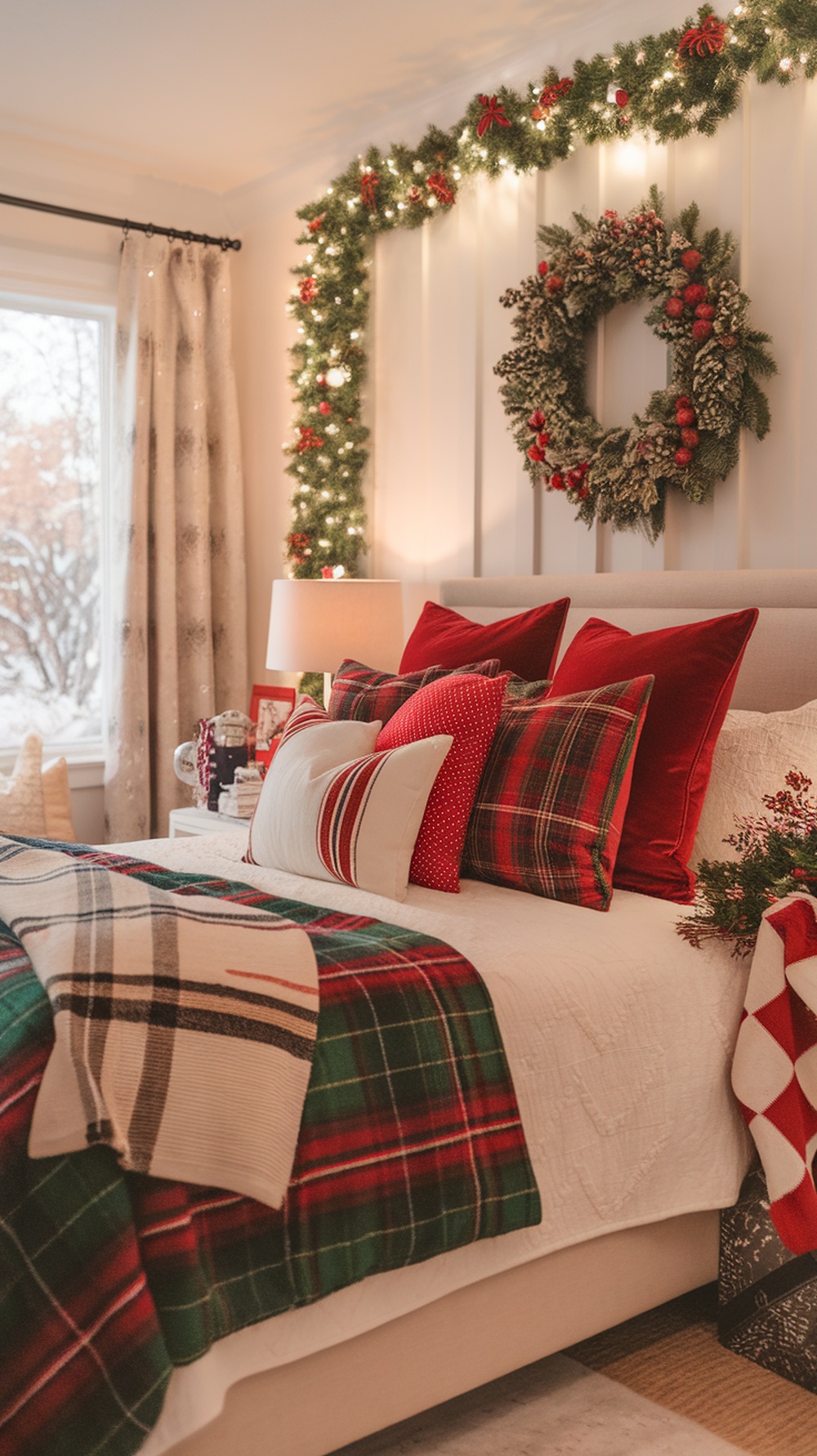 A cozy Christmas bedroom featuring layered bedding with plaid patterns, decorative pillows, and festive wall decor.