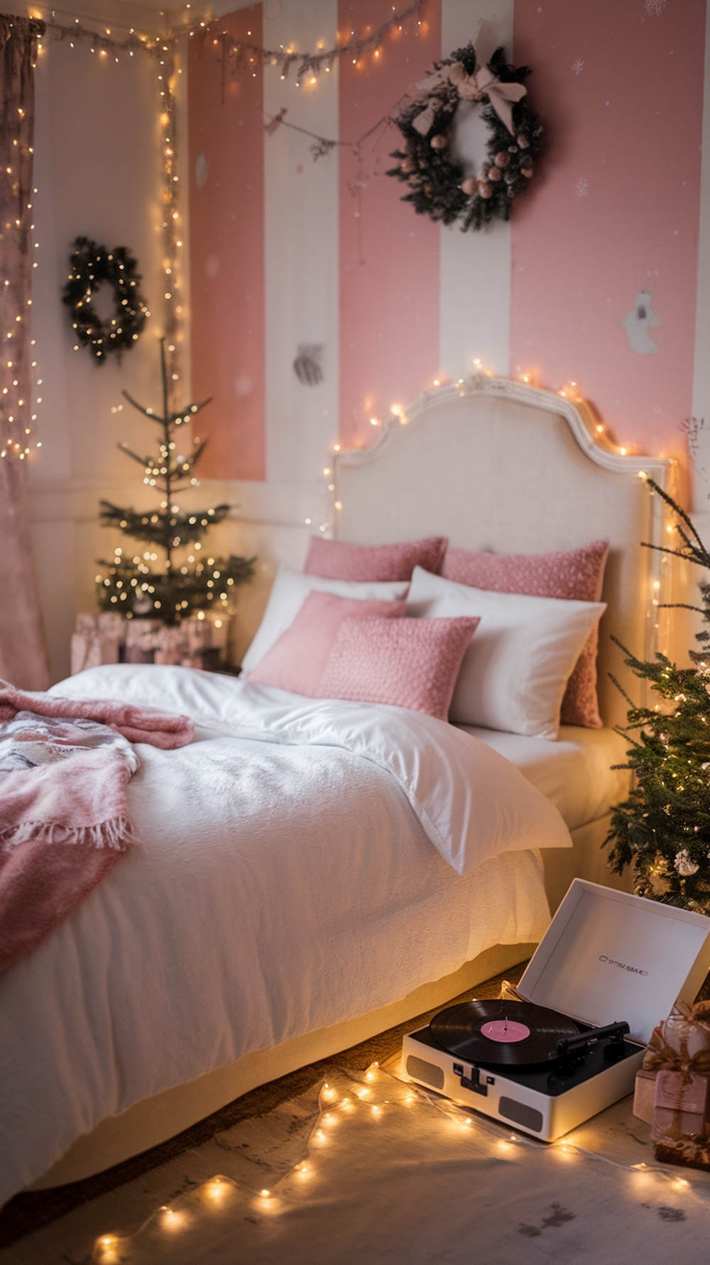 A cozy bedroom decorated for Christmas with fairy lights, a record player, and a small Christmas tree.