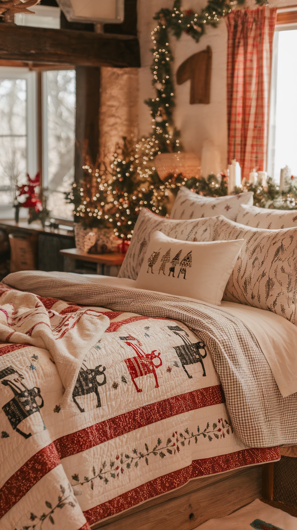 Cozy Christmas bedding with reindeer patterns and festive decor in a warm bedroom setting.