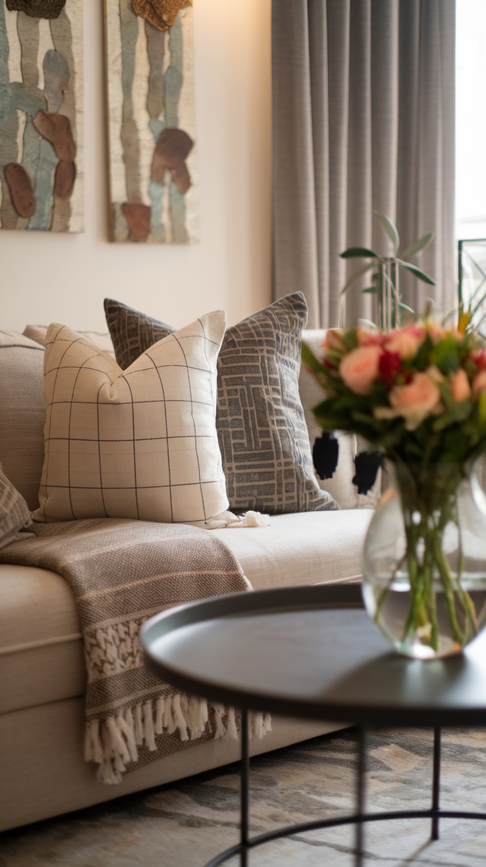 Cozy living room with stylish pillows, a throw blanket, and a vase of flowers on a coffee table.