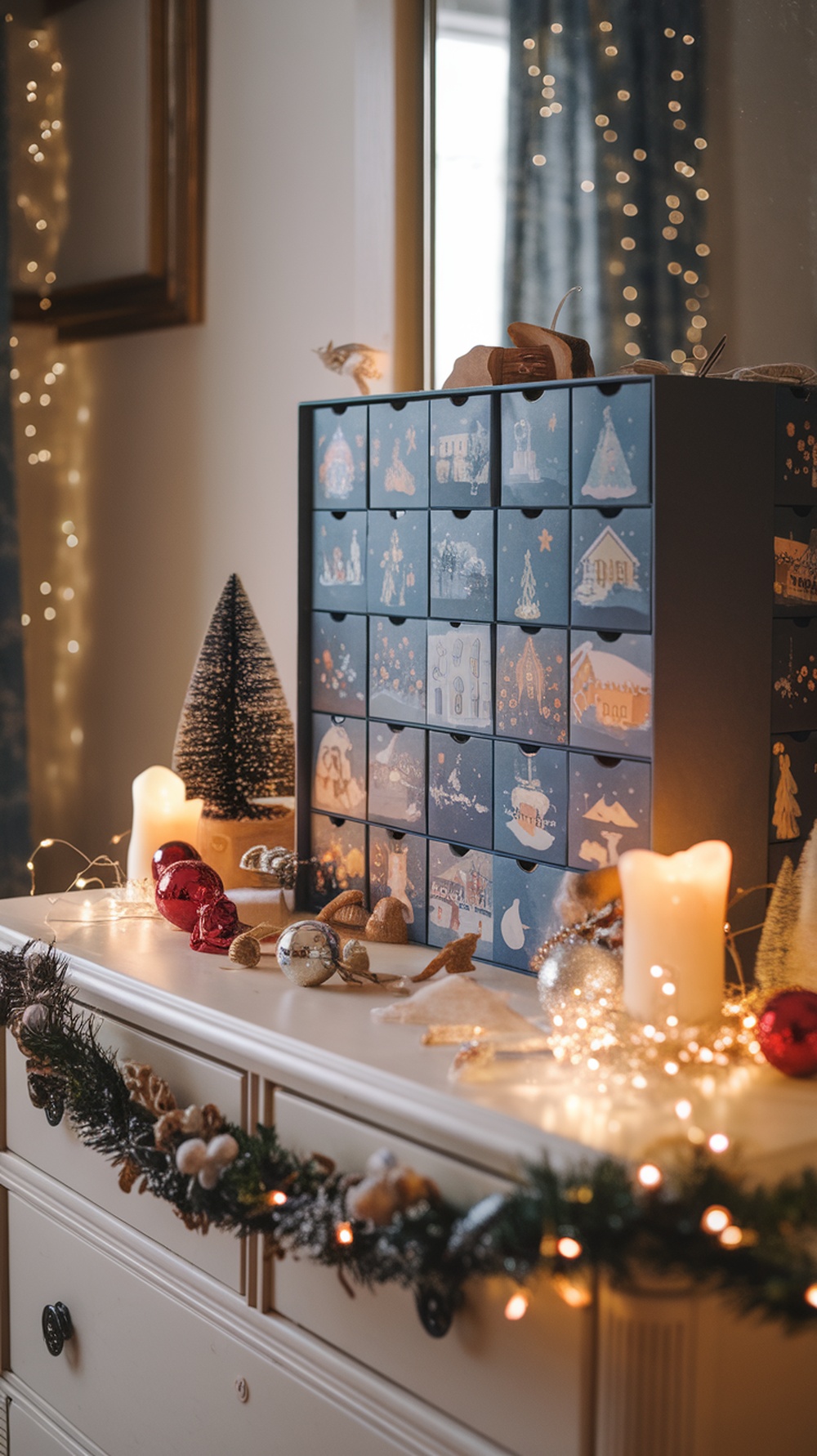 A traditional advent calendar setup with decorative drawers, surrounded by festive ornaments and lights.