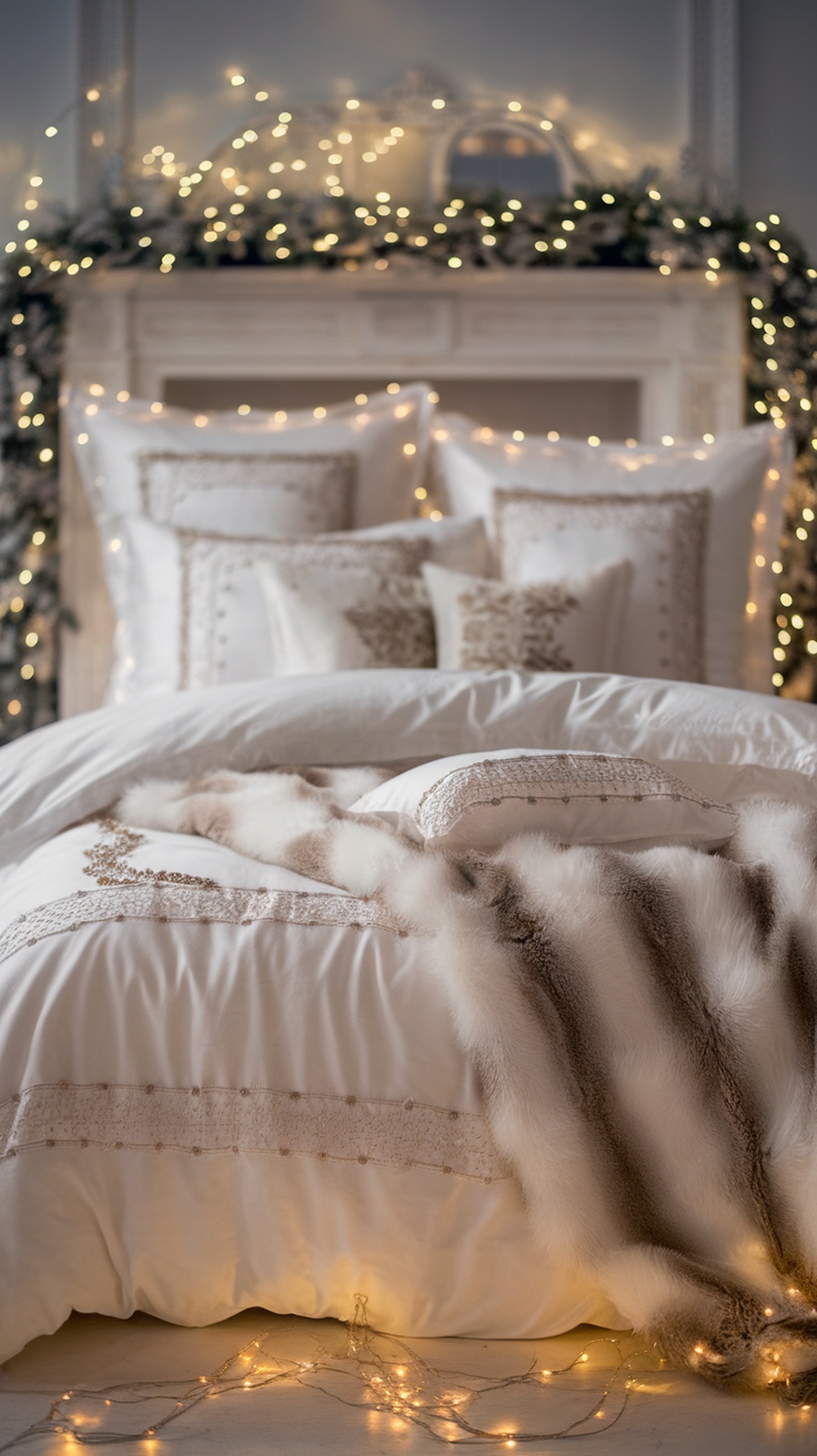 A beautifully styled bed with white bedding, decorative pillows, and fairy lights for a classic Christmas aesthetic.